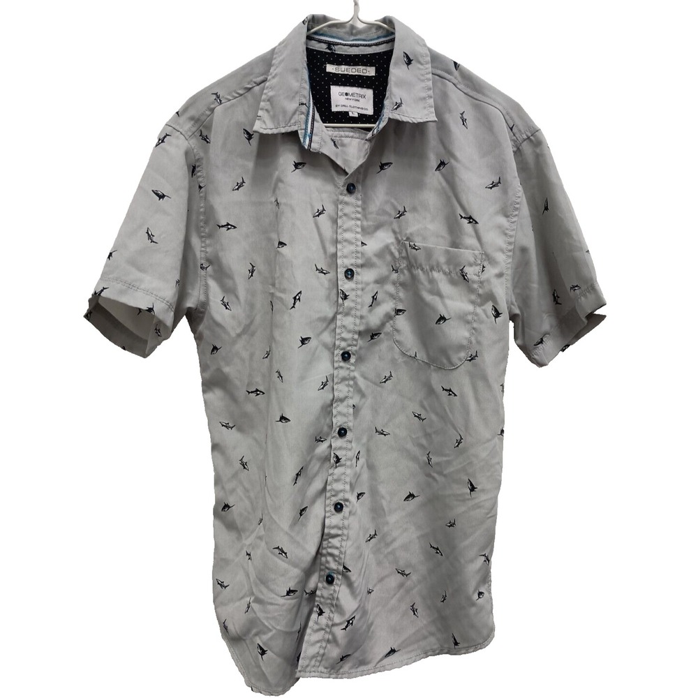 Geometrix by Drill Clothing Co Shirt Mens Size Large Gray Shark Print Sueded